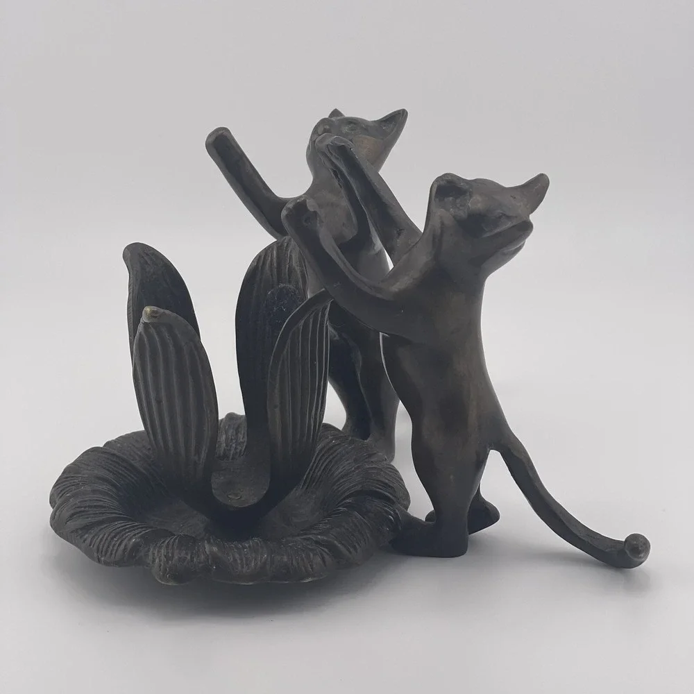 Bronze Pair Of Upright‎ Cats Around Flower Jewelry/Candle Holder 4